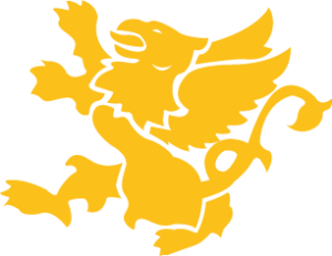 A stylized yellow griffin is depicted on a transparent background. The mythical creature, resembling a logo for open programs, has the body of a lion, the wings and head of an eagle, and an ornate tail, all rendered in a bold, solid yellow color.