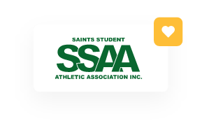 Logo of the Saints Student Athletic Association Inc. (SSAA) in bold green letters, with "Saints Student" above and "Athletic Association Inc." below. A small yellow icon with a white heart is in the top right corner. The outlined logo on a white background hints at a recruitment drive for Sept 2024.